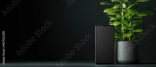 Obraz Minimalist Smartphone and Green Plant on Dark Background