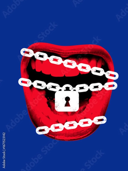 Fototapeta Surreal digital artwork. Mouth locked with chains and padlock symbolizing censorship and silenced voice. Concept of restricted speech, communication control, and social oppression.
