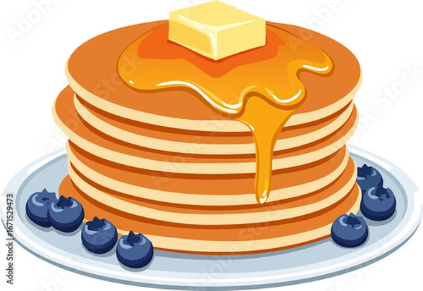 Fototapeta Wholesome flat design vector illustration of a stack of fluffy pancakes, with melting butter on top and maple syrup dripping down the sides, topped with fresh blueberries, appetizing breakfast food