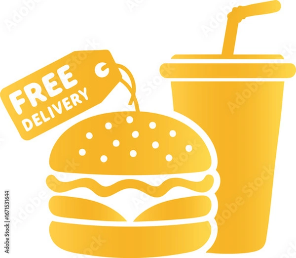 Fototapeta Golden Burger and Drink Free Delivery Icon