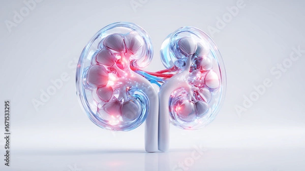 Fototapeta Futuristic 3D illustration of human kidneys with internal structures and glowing vascular connections on light background