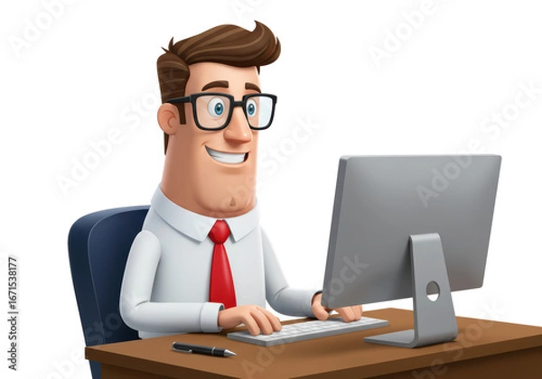 Fototapeta Isolated happy business man working on computer at desk, office employee illustration