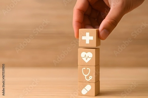 Fototapeta Health Insurance Concept, Hand arranging wood cube stacking with icon healthcare medical on wood background, copy space, financial concept.