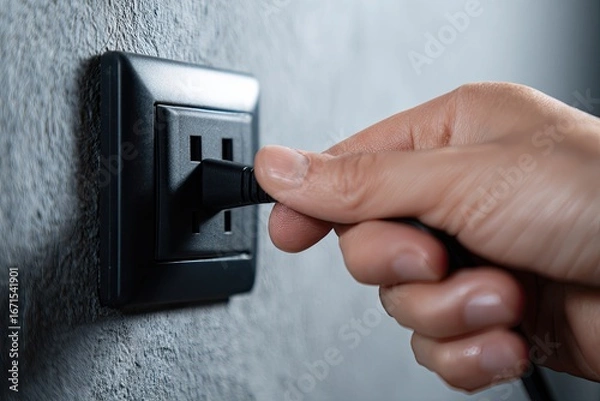 Fototapeta Hand plugging in a cord into a wall socket