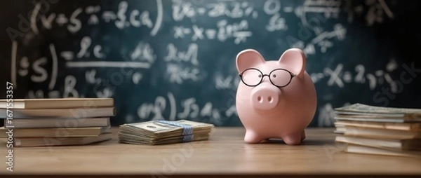 Fototapeta piggy bank with a books and dollar bills on a table near a chalkboard with math equations in a classroom