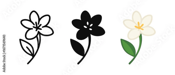 Fototapeta Stylized trio of floral designs in outline, solid, and color styles