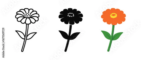 Fototapeta Minimalist floral icon set: outline, silhouette, and colorful variations