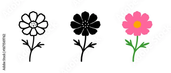 Fototapeta Floral trio: black and white and colorful flower icons for design projects