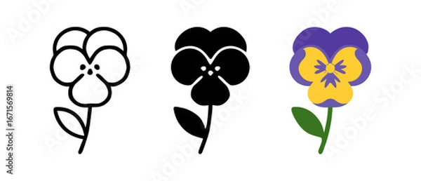 Fototapeta Pansy flower in three artistic styles: outline, silhouette, and colorful design