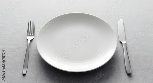 Obraz Empty white dinner plate set on a clean table with a polished silver fork and knife, ready for a meal or reflecting a moment of culinary anticipation