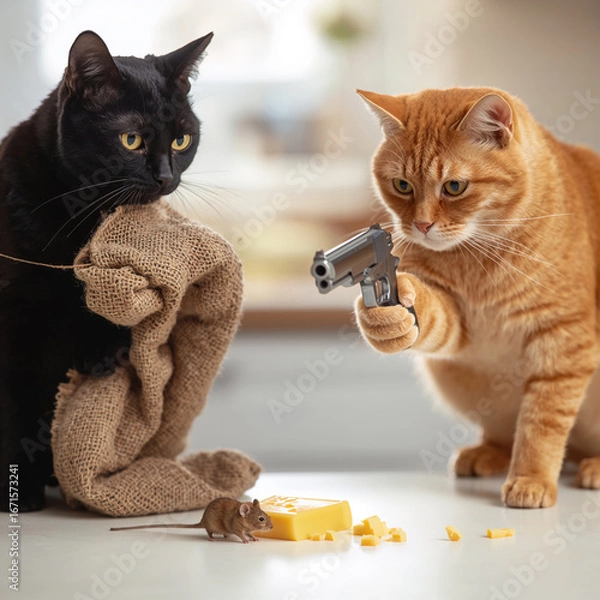 Fototapeta Witness a comical standoff between two cats, a mouse, and a tempting block of cheese in this funny image. A ginger cat brandishes a toy gun, while a black cat lurks behind a burlap sack. 