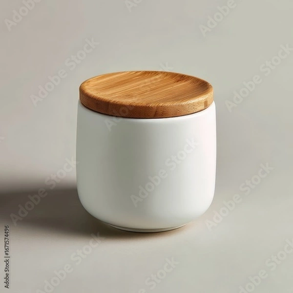 Obraz A simple, round, white ceramic canister with a light brown bamboo lid sits against a neutral backdrop.