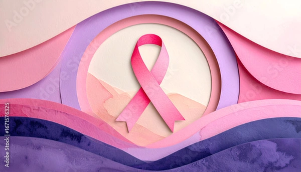 Obraz Pink ribbon symbol representing breast cancer awareness against a layered paper background.