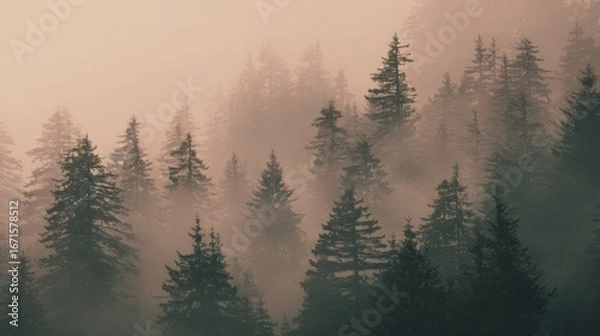 Obraz Abstract foggy forest scene with muted tones and space for overlay message
