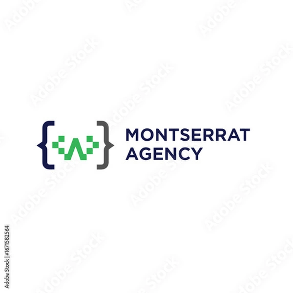 Fototapeta The official logo for Montserrat Agency, featuring a green pixelated letter 'W' icon enclosed within dark blue coding braces.