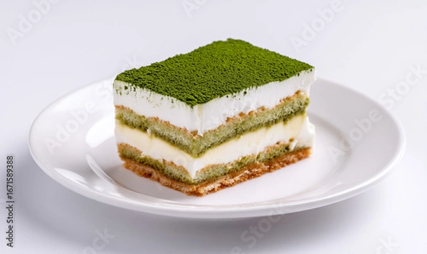 Fototapeta Creamy matcha tiramisu dessert with vibrant green tea powder topping layered classic Italian sweet with Japanese flavor fusion. generative aI