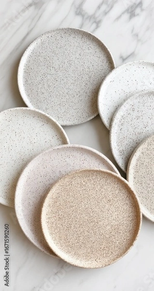 Fototapeta Stack of speckled, earthy-toned ceramic plates on a marble surface. Natural light illuminates the scene