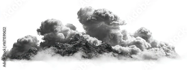 Fototapeta Mountain peaks barely visible under thick, billowing clouds in grayscale