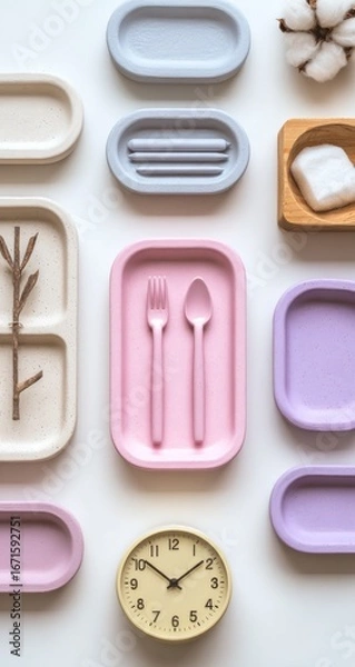 Fototapeta Arranged flatlay of varied objects dishes, utensils, cotton flower, twig branch, and a clock, on a white background