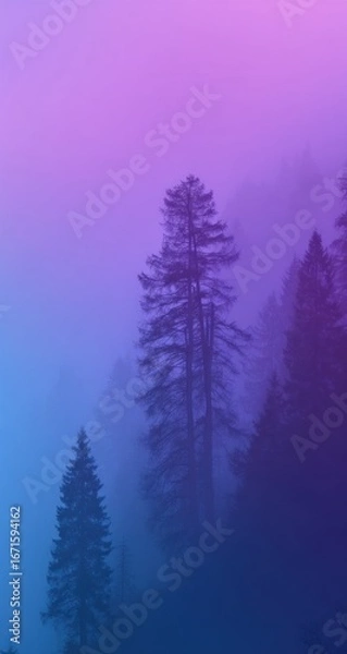 Fototapeta Ethereal coniferous forest shrouded in mist, illuminated with a gradient from blue to pink and purple