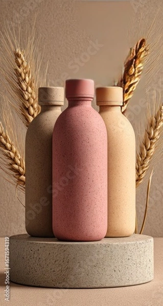 Fototapeta Trio of bottles on platform with wheat