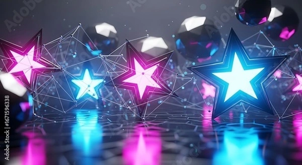 Fototapeta Vibrant Glowing Stars Interconnected in a Futuristic Geometric Network with Reflective Neon Blue and Pink Lights