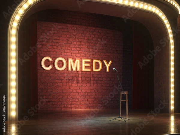 Obraz Dark empty stage with microphone. 3d render