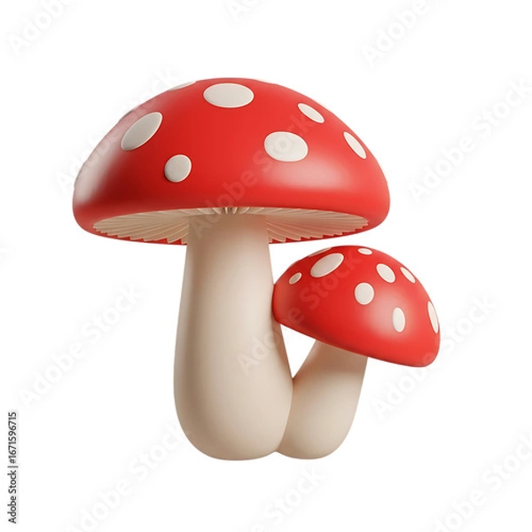 Obraz Whimsical 3d render of two iconic red and white spotted fly agaric mushrooms against a stark black background evoking fantasy and nature