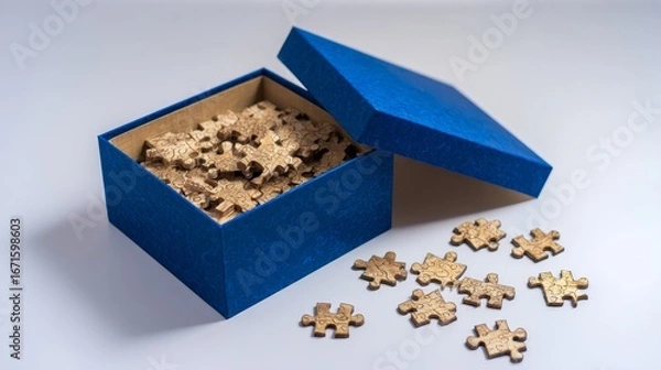 Fototapeta Open blue box with light wooden puzzle pieces scattered on a smooth surface revealing natural grain textures