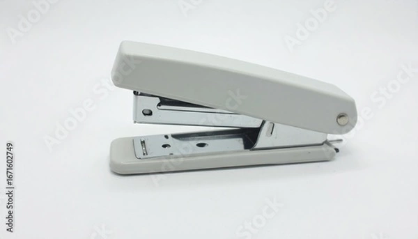 Fototapeta A light gray stapler sits angled on a plain white background.