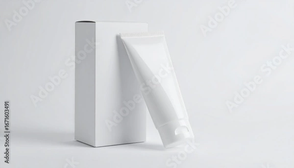 Fototapeta Blank white product packaging, showcasing a tube and box, sits elegantly on a plain background.