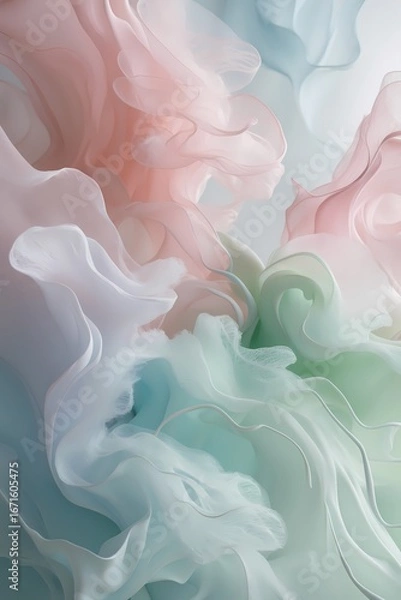 Fototapeta professional photo of abstract art featuring delicate flowing liquid shapes in soft pastel hues of pale pink baby blue and mint green blending together to create a calm ethereal and dreamy mood with g