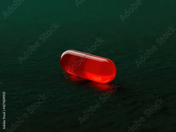Fototapeta Red pill glowing dramatically on dark green surface, symbolizing truth revelation and awakening. Mysterious atmosphere for philosophical concepts and choice metaphors.
