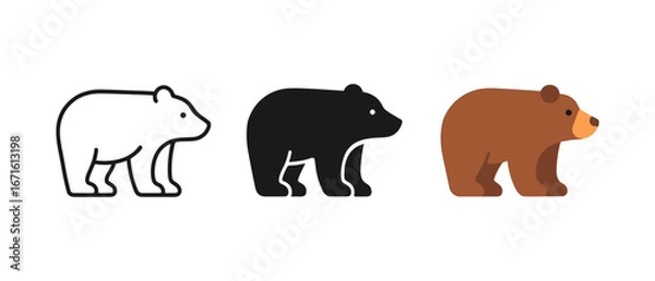 Obraz Bear design variations: outline, solid, and colorful cartoon style
