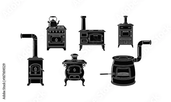 Fototapeta Collection of vintage stoves and fireplaces in silhouette style isolated on white background