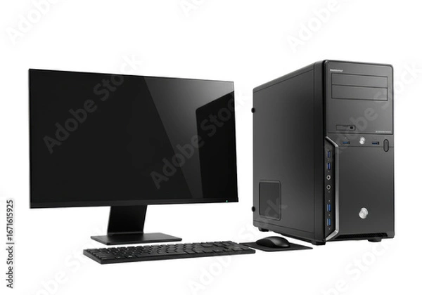 Fototapeta Isolated desktop computer equipment comprising monitor, keyboard, mouse, and tower computer