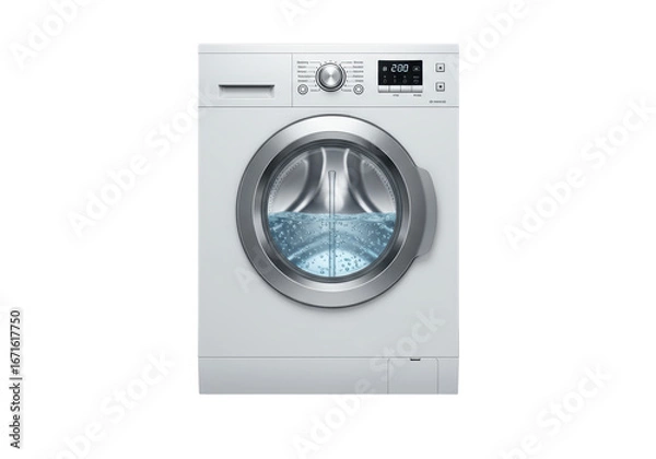 Fototapeta Isolated front-load washing machine with display showing a program running and some water inside