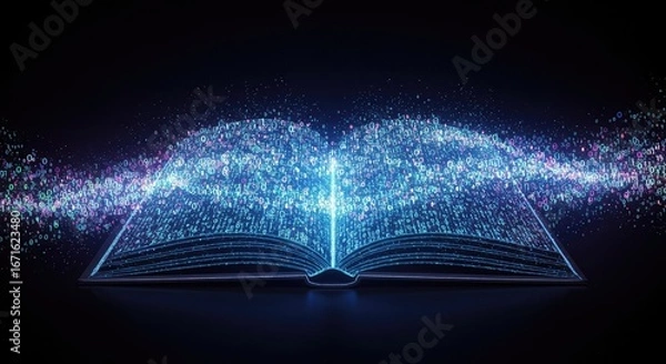 Fototapeta An open book emitting a stream of glowing blue and purple particles, symbolizing knowledge and digital information.