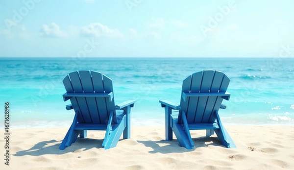 Fototapeta Retirement dreams and investment strategies symbolized by empty blue beach chairs with an ocean backdrop. 