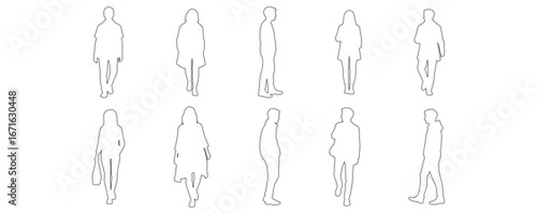Fototapeta Architectural Drawings Hand drawn outline collection of people walking, standing, and interacting,  vector illustration, human person Minimal style