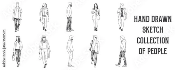 Fototapeta Architectural Drawings Hand drawn sketch collection of people walking, standing, and interacting, black ink pen drawing style vector illustration, human person Minimal style