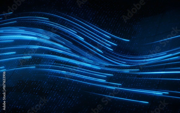 Fototapeta Flowing curve lines with technical board background, 3d rendering.