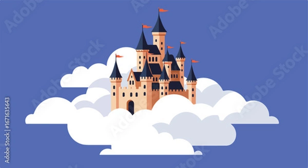 Fototapeta Floating Castle towers over fluffy white clouds in sky background illustration