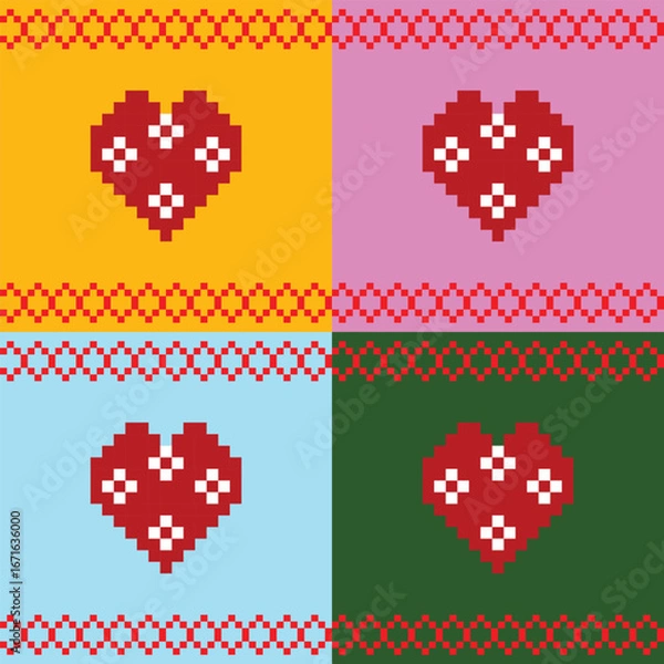 Fototapeta Seamless pattern of pixel art of red hearts on colorful background. Seamless for card, wallpaper, scene, decor, interior, textile.