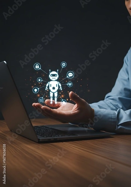 Fototapeta A person holding a digital robot hologram, interacting with technology and data.