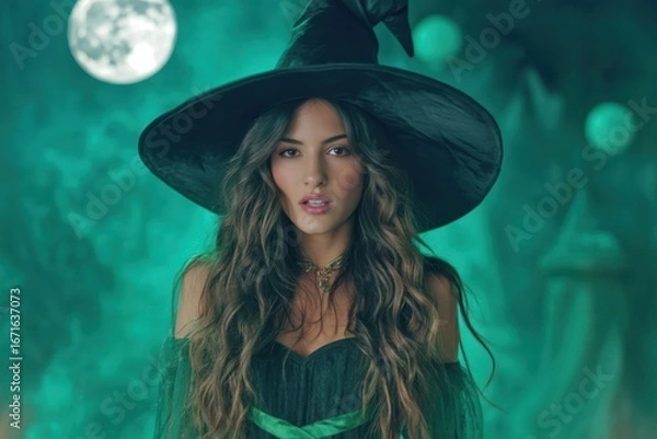 Fototapeta A young woman dressed as a witch with a pointed hat stands in a mystical, moonlit forest with a magical atmosphere