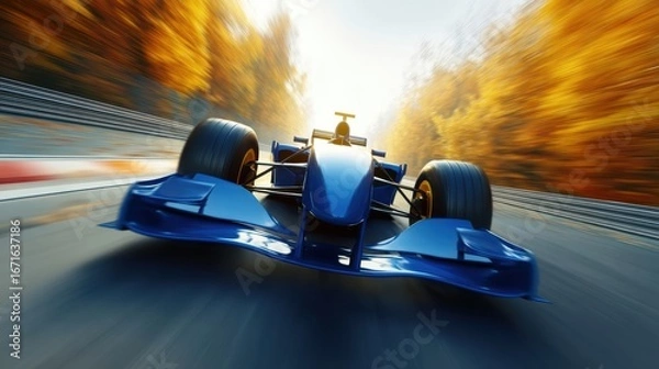 Fototapeta A blue Formula 1 race car speeds along a track surrounded by vibrant autumn trees, capturing motion and excitement