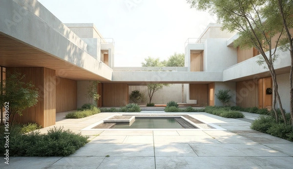 Fototapeta Contemporary courtyard architecture showcases a minimalist design that emphasizes natural light, creating a tranquil and serene outdoor environment
