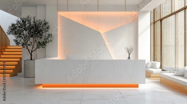 Fototapeta Modern lobby with marble counter, lighted steps, and plant accent