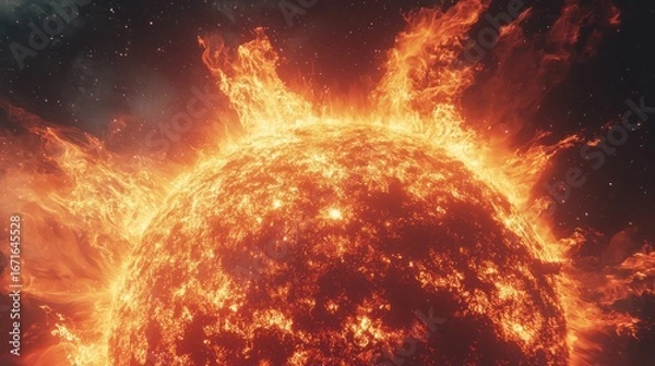 Fototapeta Fiery sun close-up with intense flames and cosmic background.